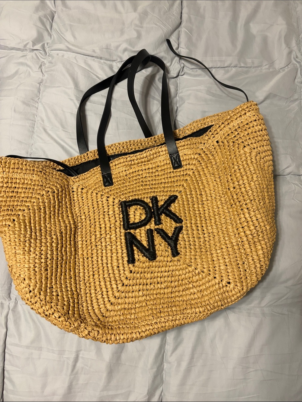 DKNY Yellow Straw Tote with Black Logo and Handles